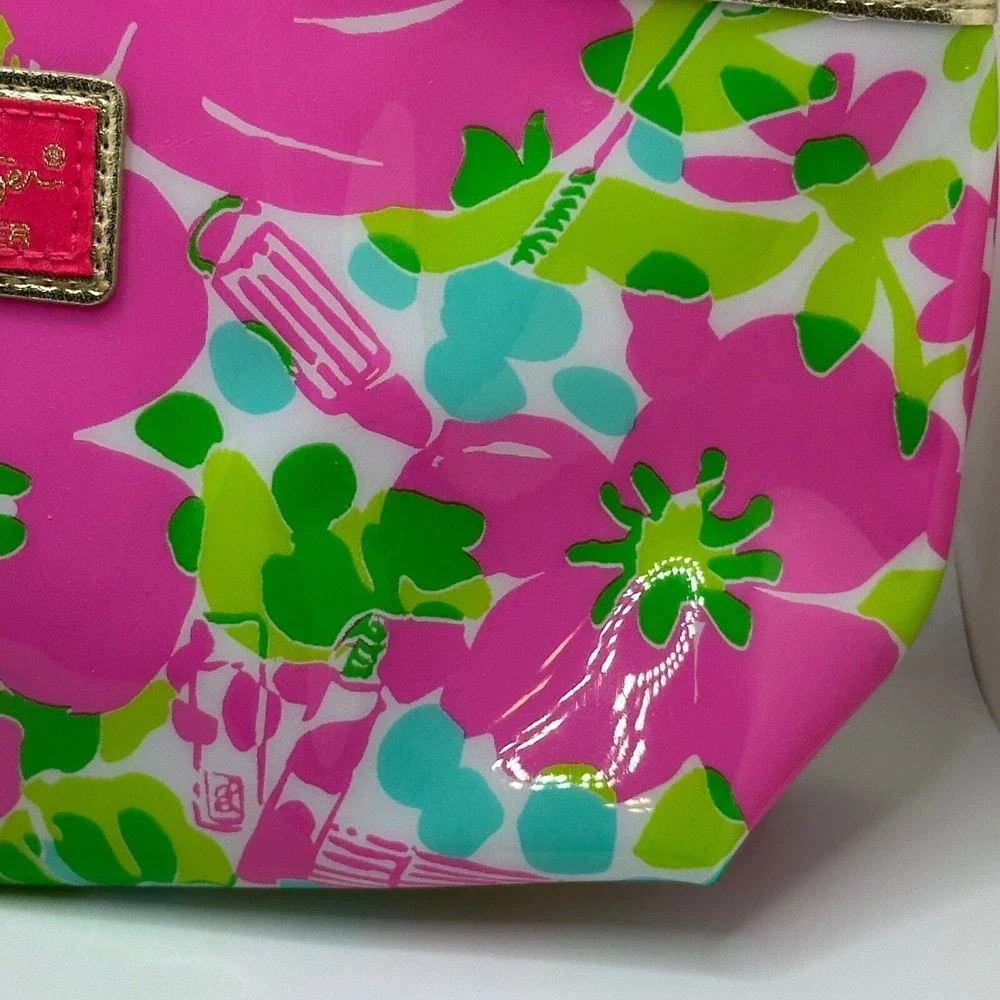 Lilly Pulitzer Estee Lauder pink green floral print zip pouch makeup bag